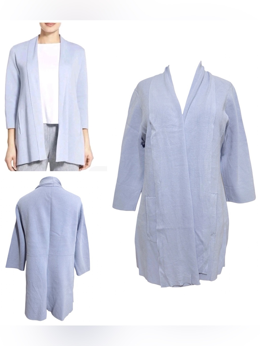 Eileen Fisher Blue Open-Front Cardigan Kimono Shawl Silk Organic Cotton Large